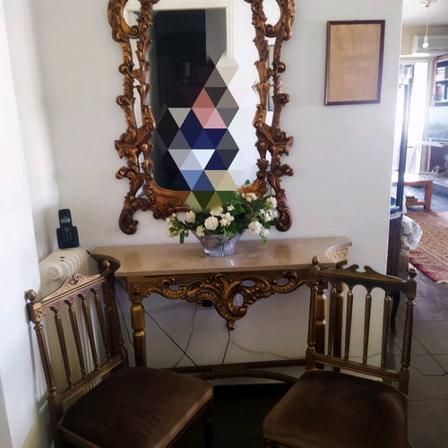 Console set with mirror and 2 small chairs made of gilded wood like new