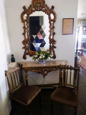 Console set with mirror and 2 small chairs made of gilded wood like new