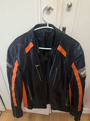 Harley Davidson leather jacket with orange stripe, size L