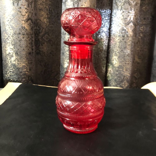 Ruby Red Cut Glass Decanter with Diamond Quilted Pattern and Airtight Stopper