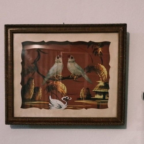 Vintage set of 2 Chinese 3D Feather Art wall frames (1960s-70s)