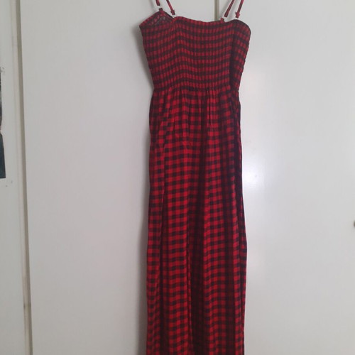 Summer long checkered dress with straps new, red-black