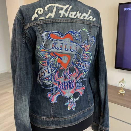 Hardy denim jacket Christian Audigier 'Love Kills Slowly' rhinestone design
