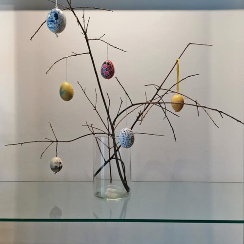 Collection of six used handmade eggs with painting and carvings