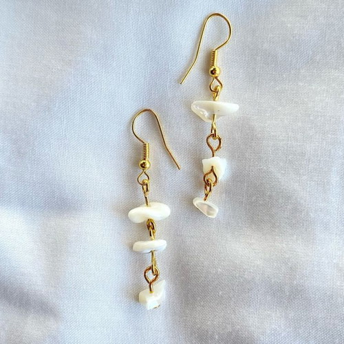 Handmade brass earrings with natural shell chips, metal hook
