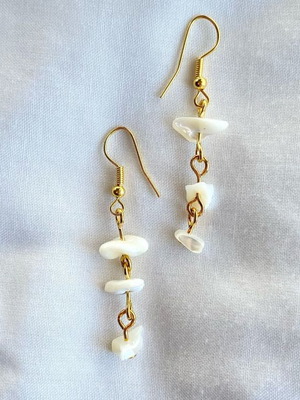 Handmade brass earrings with natural shell chips, metal hook