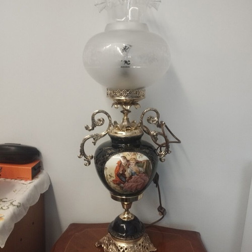 Vintage porcelain and bronze table lamp cobalt blue used