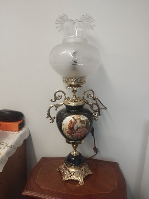Vintage porcelain and bronze table lamp cobalt blue used