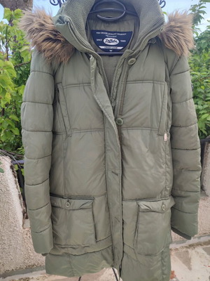 Women's puffer jacket like new, khaki with faux fur, size L