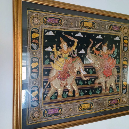 Handmade Thai embroidery like new with elephants 102x86 cm
