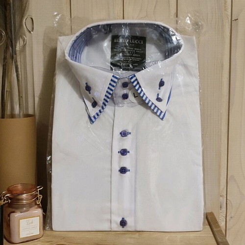 Berto Lucci shirt new white with blue stripes, slim fit, size Large