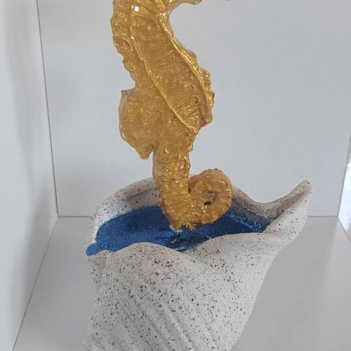 Handmade Decorative Gold Seahorse from Clay and Resin with White Shell Base