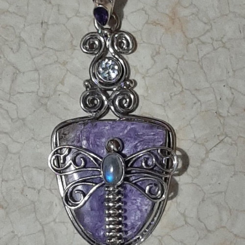 Dragonfly pendant 925 with purpurite, amethyst, blue topaz and moonstone new