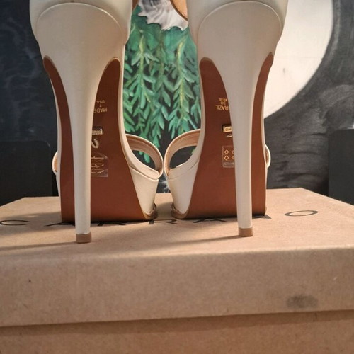 Caranno strapped heels used beige leather wedding shoes, 14 cm heel