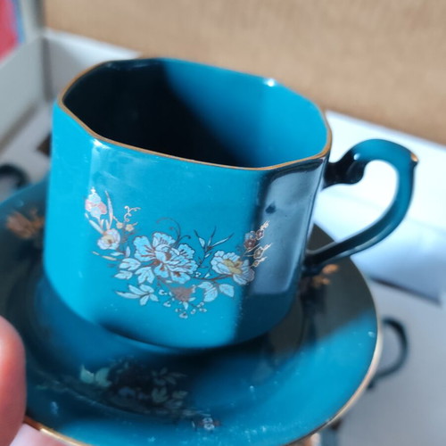 Korosten Porcelain Vintage Tea and Coffee Set, turquoise with gold trim