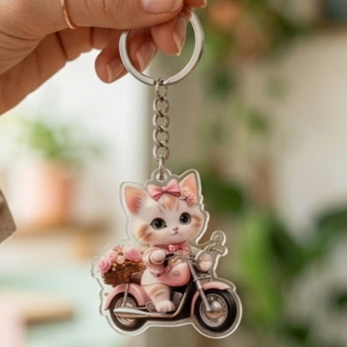 Cat keychain, transparent acrylic with pink details