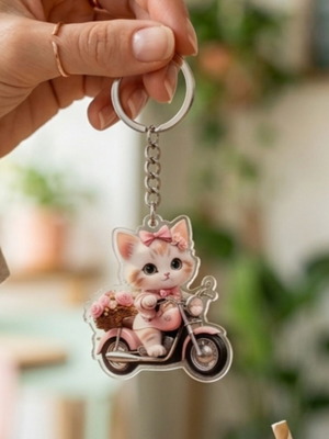 Cat keychain, transparent acrylic with pink details