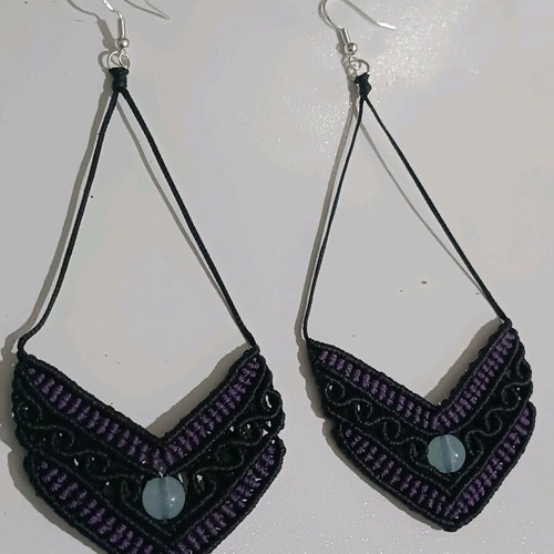 Macrame hanging earrings new, black and purple with silver 925 hook
