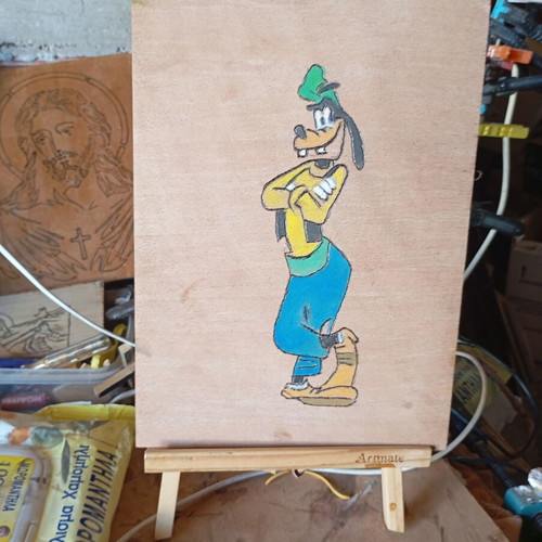 Handmade pyrography on wood with Goofy design, A4 size