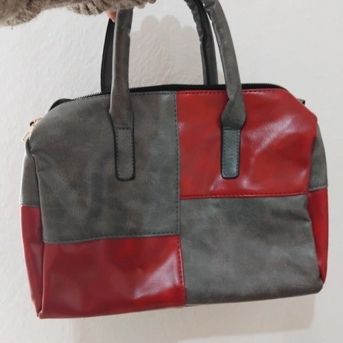 Two-tone gray-red handbag new with shoulder strap