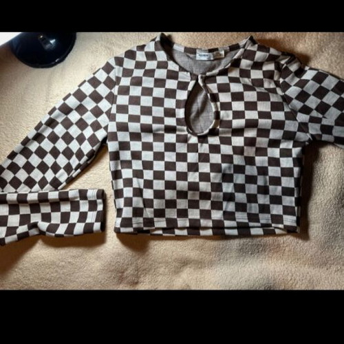 Pull & Bear checkerboard blouse like new, beige and brown, size M