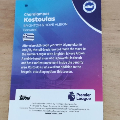 2026 Topps Chrome Premier League EPL Refractor Card #50 Charalampos Kostoulas new