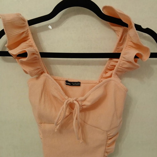 Bershka Peach Rib Crop Top with Ruffles Size S like new