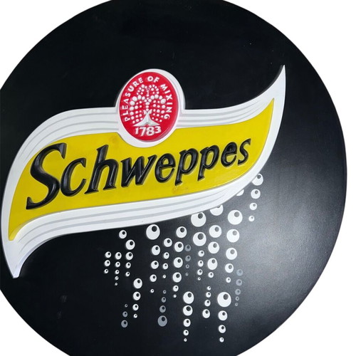 Schweppes wooden sign like new, black lacquer Ø72 cm