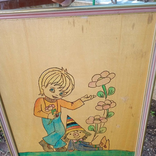 Woodcut painting used 42x32 awarded in special school contest