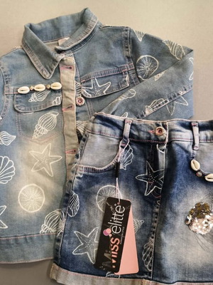 Denim jacket and skirt set Miss Elite like new with sea motifs