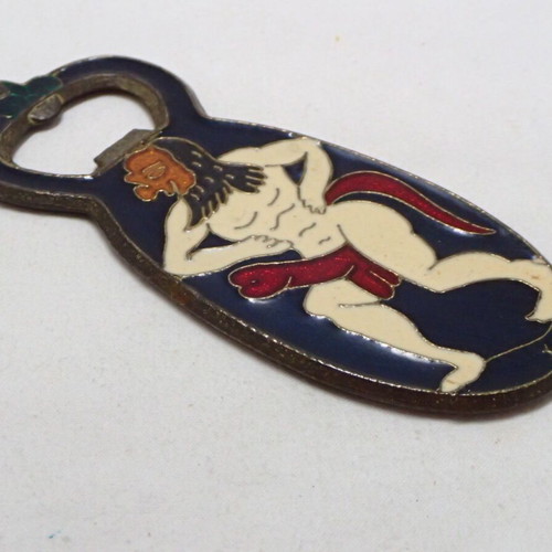 Vintage bottle opener enamel and brass like new, 70's Greece, satyr design