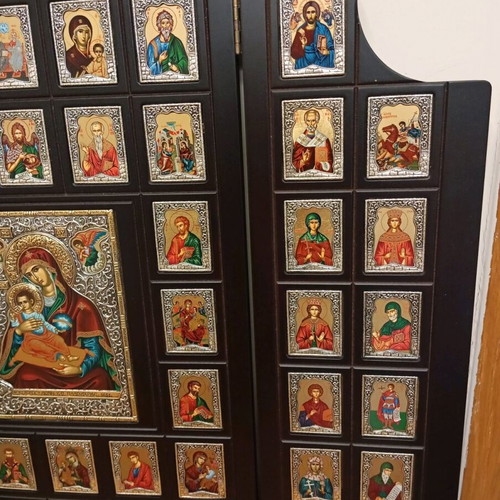 Wood Carved Triptych Icon with 925° Silver like new
