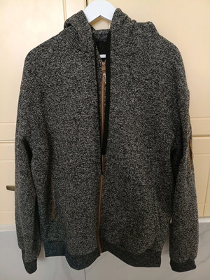 Men's gray cardigan 3XL like new with hood and brown zipper