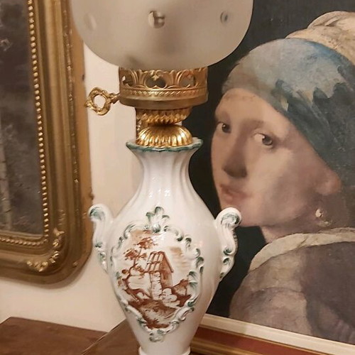 Old French antique lamp made of white porcelain with handmade painting like new
