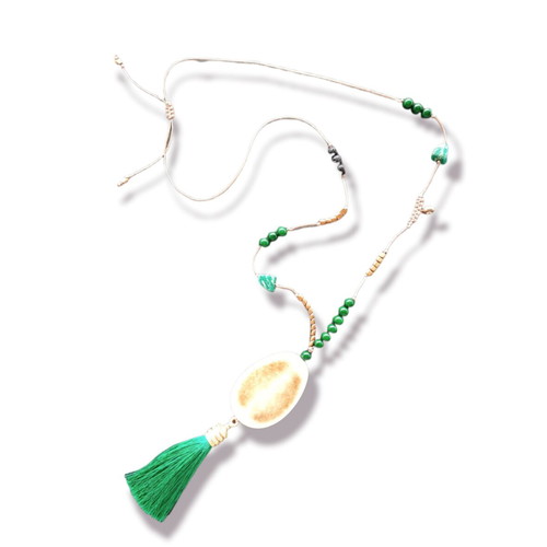 Boho necklace with nephrite pendant and 18K gold-plated tassel