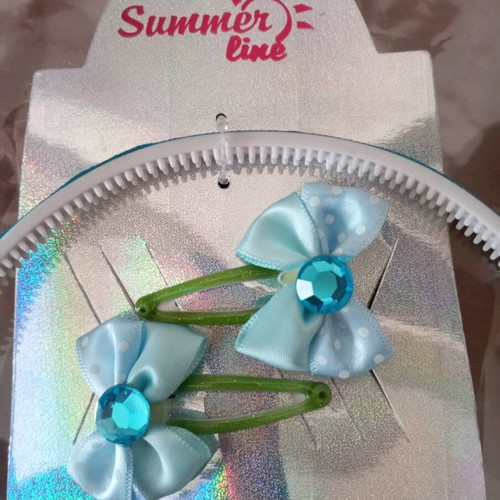 Children's hair clips set with headband new, white and turquoise