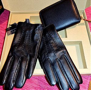 Δερμάτινο γυναικείο σετ γάντια και πορτοφόλι.