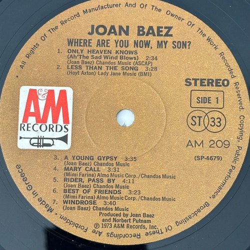 Joan Baez Where Are You Now My Son record like new, rock