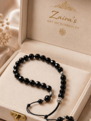 Luxury Unisex Komboloi Black Glass with Metal Beads