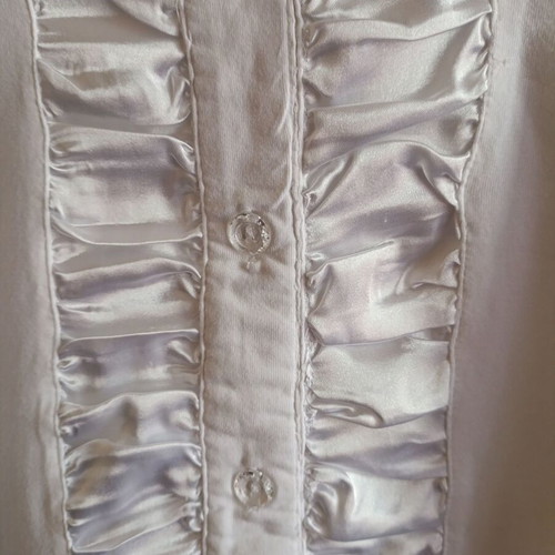 White blouse with satin ruffles and decorative crystal buttons, like new