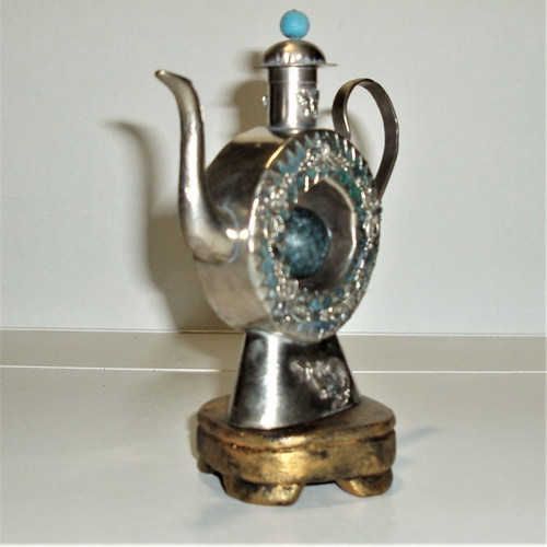 Asian antique vessel for essential oils with nephrite and turquoise used