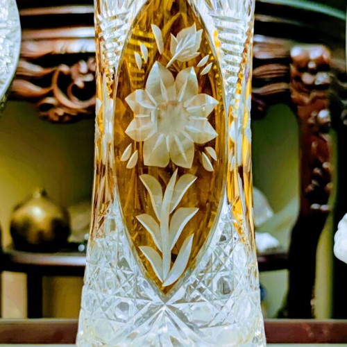 Bohemian Crystal Vase hand-cut with carved flowers, like new