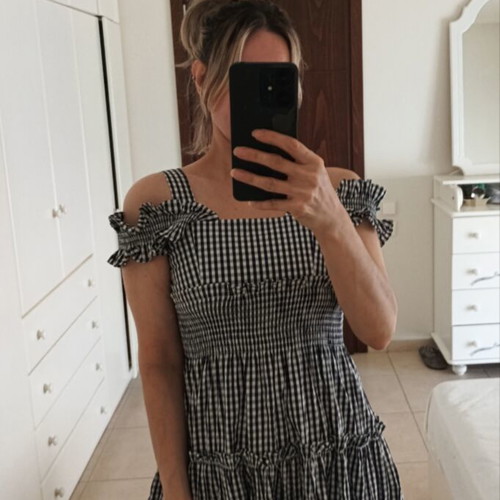 Brigitte Bardot Paris Midi Gingham Dress, Small, black and white