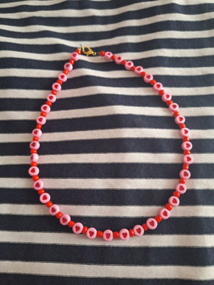 Handmade necklace with hearts, new, red and pink