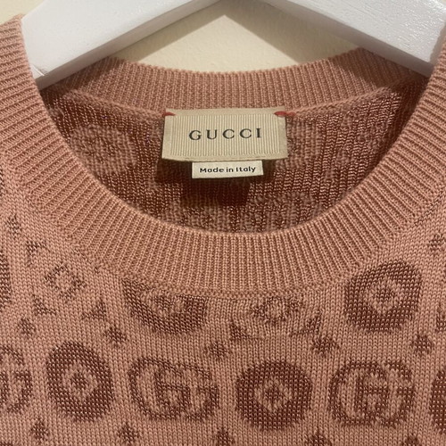 Gucci dress, warm pink wool with GG monogram and pleated skirt