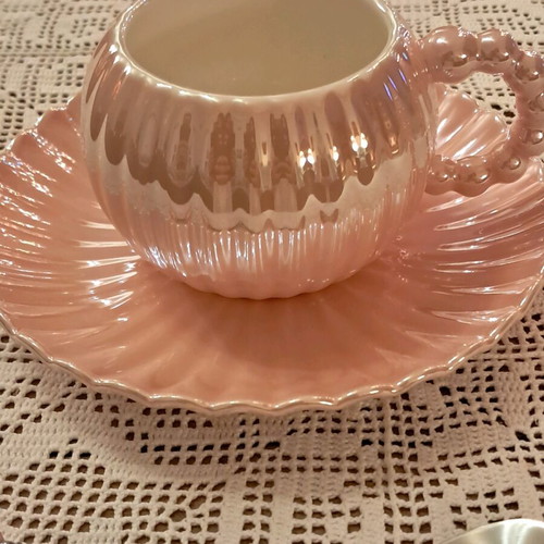 Coffee cup set new with saucer and spoon apricot pearlescent