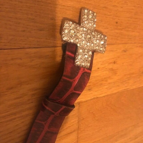 Leather women's belt red vintage with crystals like new