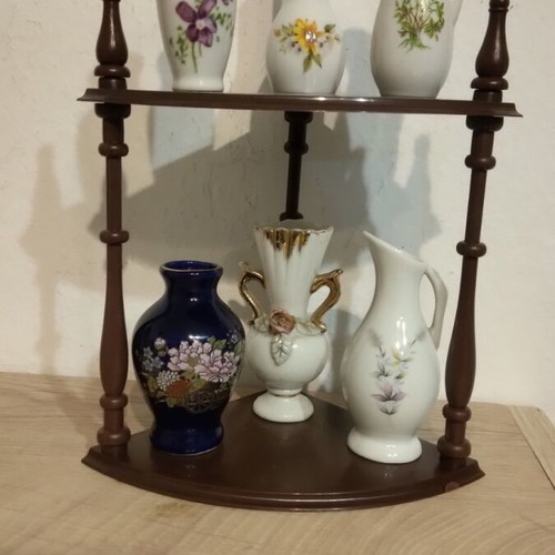 Miniature vase set 7 pieces with corner shelf like new