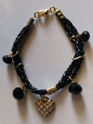 Bracelet double leather with black beads and heart new