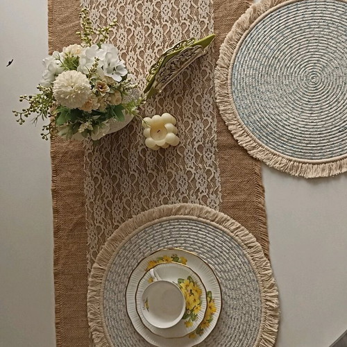 Handmade placemats new, set of 2 with fringes 38 cm diameter